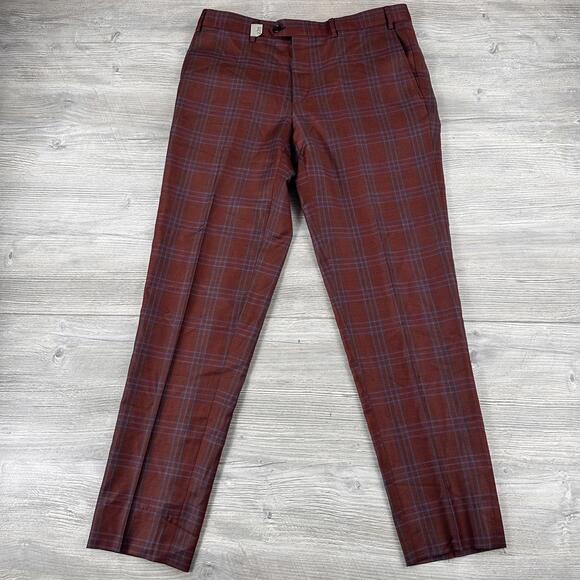 Other - Satore Dress Pants Mens 35x30 Red Orange Check Plaid Reda Super 130's Wool